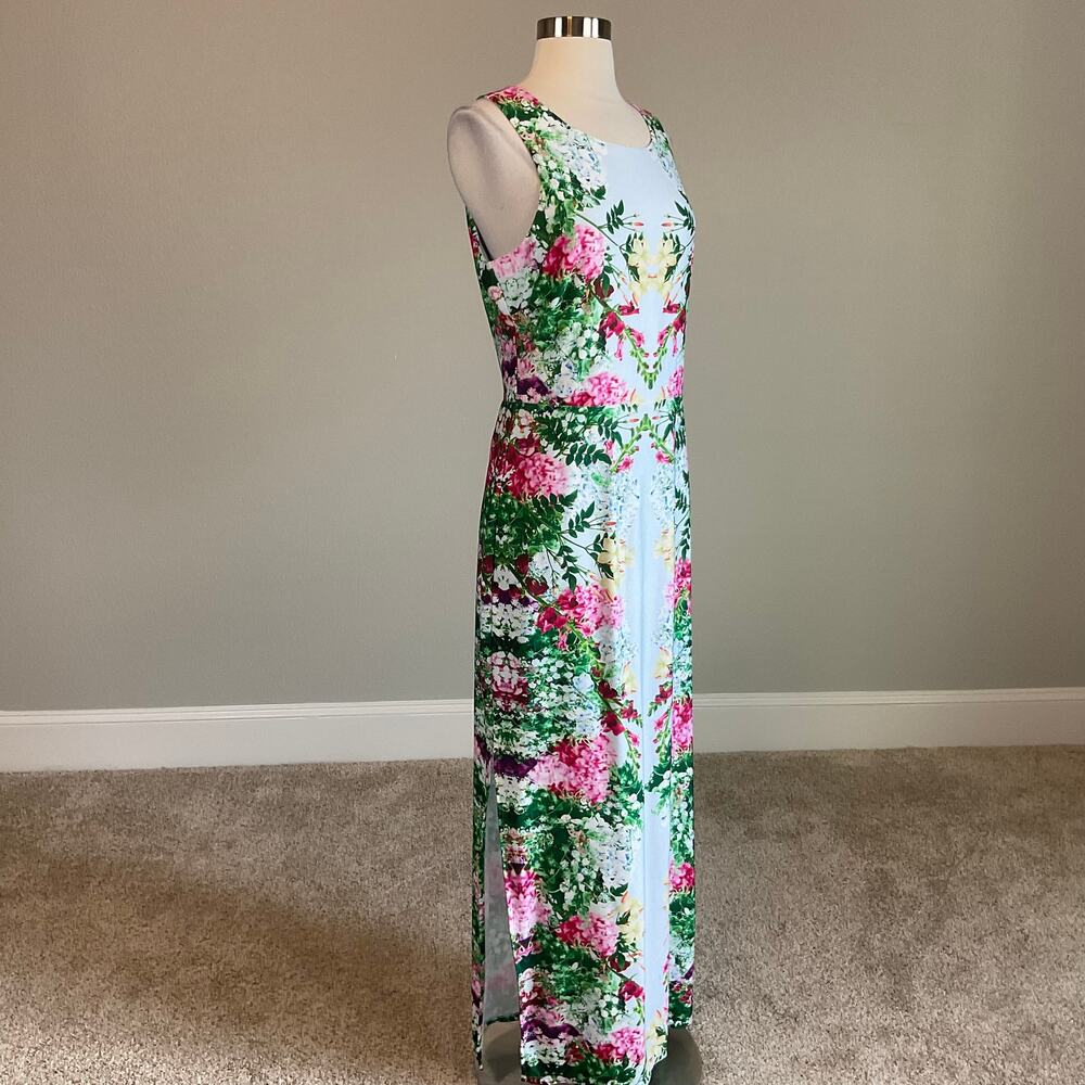 GUESS Floral Print Cutout Back Sleeveless Sheath Long Maxi Dress Blue Size 12 - Picture 4 of 10